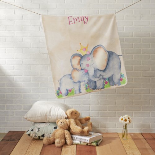 Cute Mommy and Baby Elephant Personalized Girl Baby Blanket
