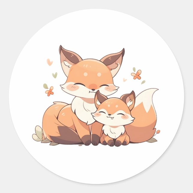 Cute mommy and baby fox classic round sticker (Front)