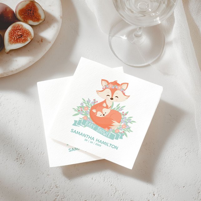 Cute Mommy and Baby Fox Woodland Boy Baby Shower Napkins (Creator Uploaded)
