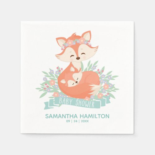 Cute Mommy and Baby Fox Woodland Boy Baby Shower Napkins