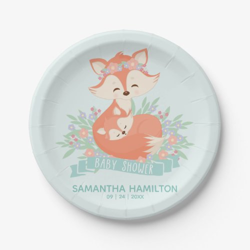 Cute Mommy and Baby Fox Woodland Boy Baby Shower Paper Plates