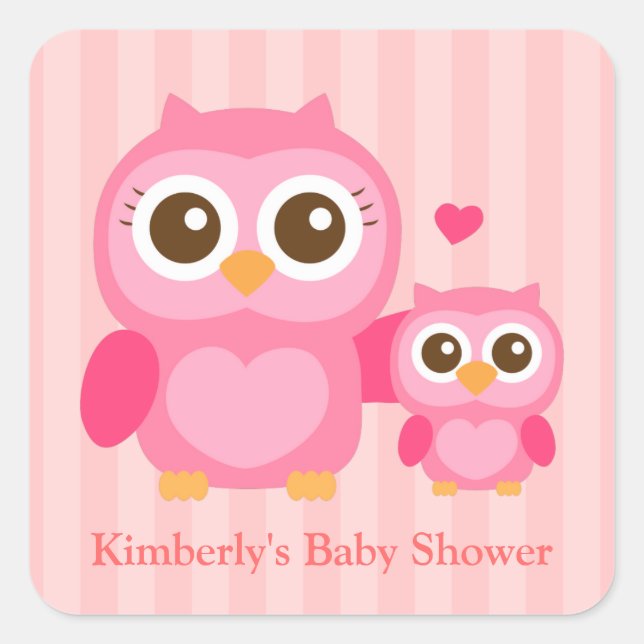 Cute Mommy and Baby Pink Owl, Baby Shower Square Sticker (Front)