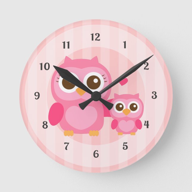 Cute Mommy and Baby Pink Owl, Girls Bedroom Round Clock (Front)