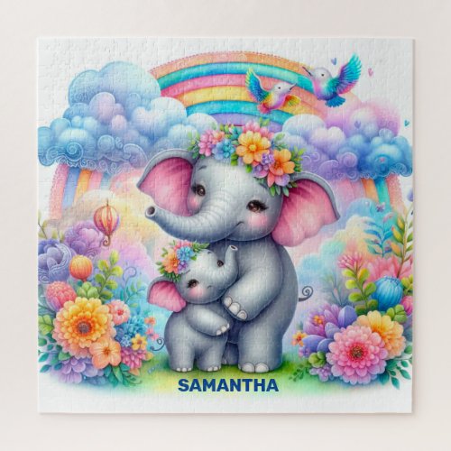 Cute mommy and her baby elephant rainbow jigsaw jigsaw puzzle