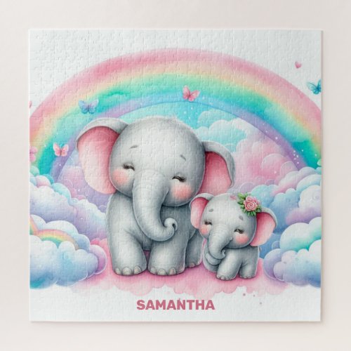 Cute mommy and her baby elephant rainbow spring jigsaw puzzle
