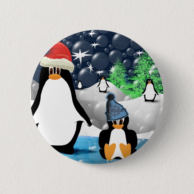 Cute Mommy & Baby Santa Penguins Pinback Button (Front)
