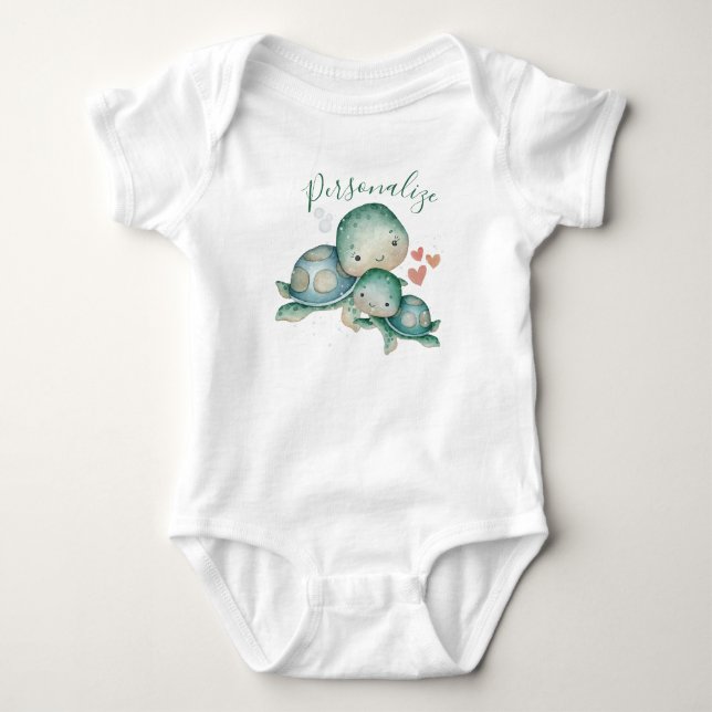 Cute Mommy Baby Sea Turtle Green Personalize Baby Bodysuit (Front)