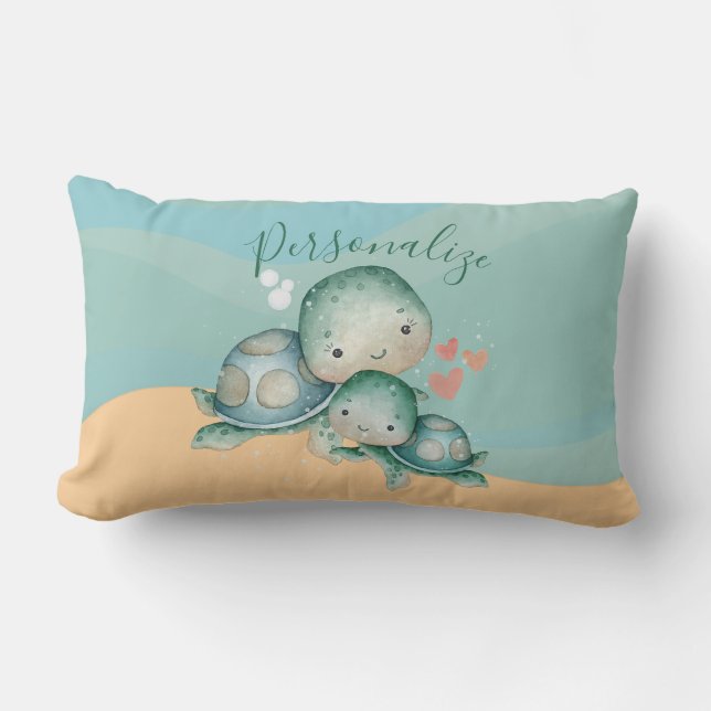 Cute Mommy Baby Sea Turtle Green Personalize Lumbar Pillow (Front)