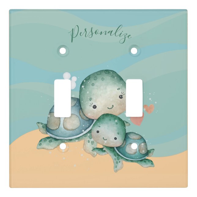 Cute Mommy Baby Sea Turtle Green Personalized Light Switch Cover (Front)