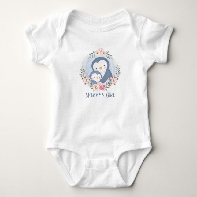 Cute Mommy girl penguin add text Baby Bodysuit (Front)