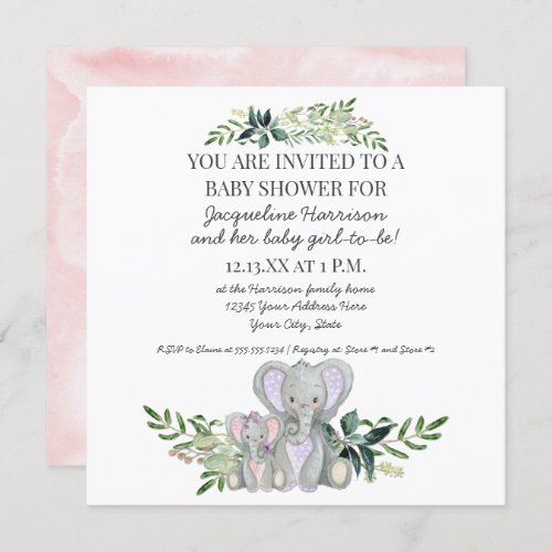 Cute Mommy n Baby Elephant w Foliage Girl Shower Invitation