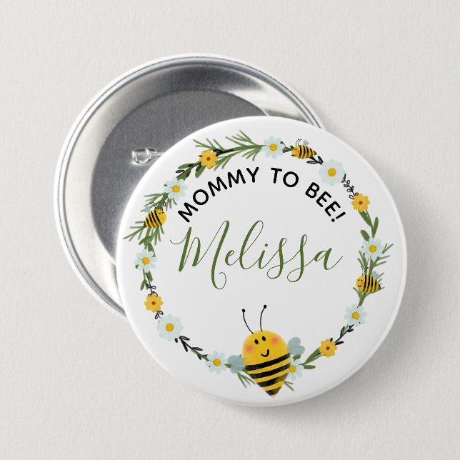 Cute Mommy to Bee Daisies Wreath Bee Baby Shower Button (Front & Back)