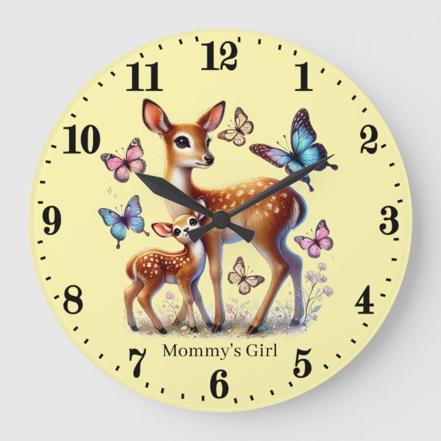 Cute Mommy's girl deer add name  Large Clock (Front)