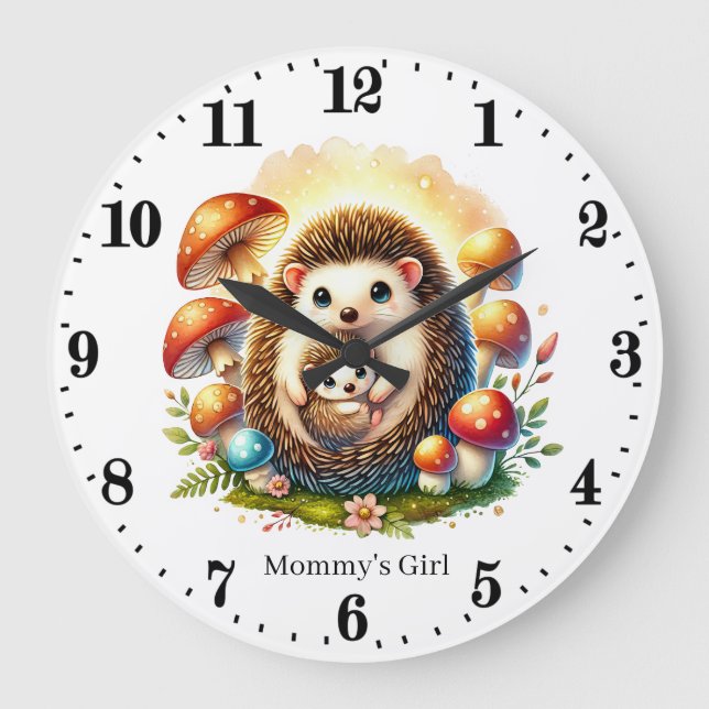 Cute Mommy's girl hedgehog add name Large Clock (Front)