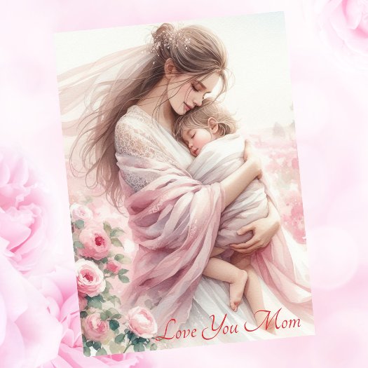 Cute Mom's Hug Pink Roses Mother's Day Watercolor