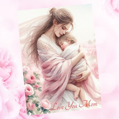Cute Moms Hug Pink Roses Mothers Day Watercolor Holiday Card