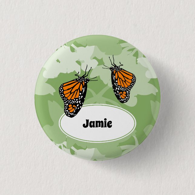 Cute Monarch Butterfly Green Floral Name Button (Front)