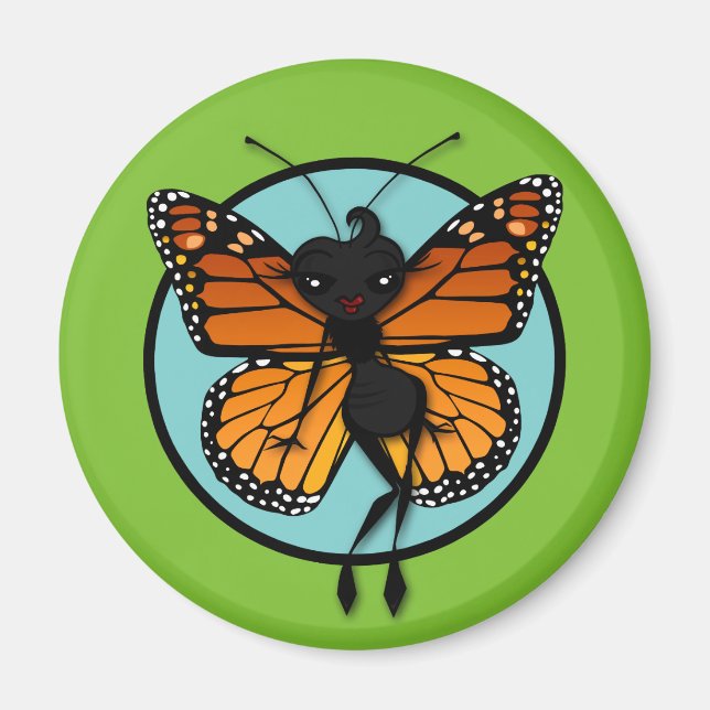 CUTE MONARCH BUTTERFLY LADY ROUND MAGNET (Front)