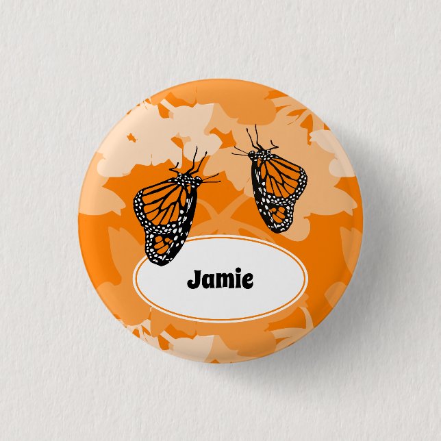 Cute Monarch Butterfly Name Orange Button (Front)