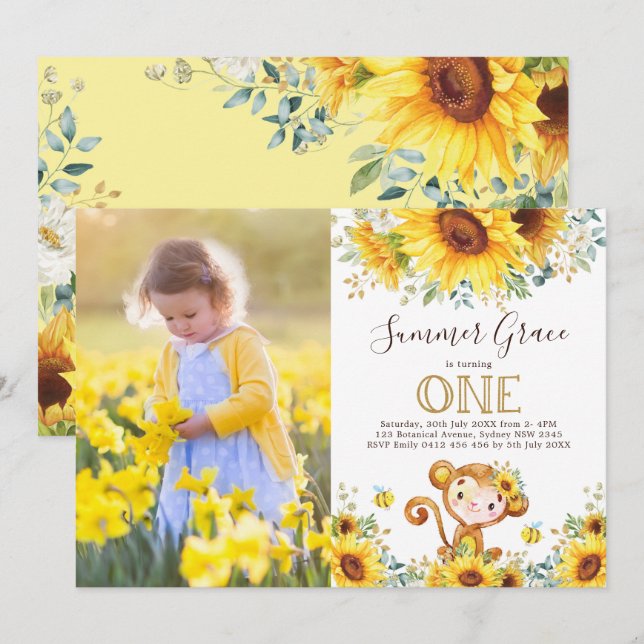 Cute Monkey 1st Birthday Sunflower Gold Greenery Invitation (Front/Back)