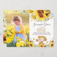 Cute Monkey 1st Birthday Sunflower Gold Greenery Invitation