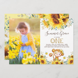 Cute Monkey 1st Birthday Sunflower Gold Greenery Invitation