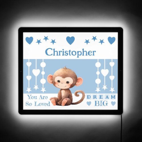 Cute monkey add name dream big stars blue LED sign