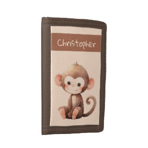 Cute monkey add name kids trifold wallet