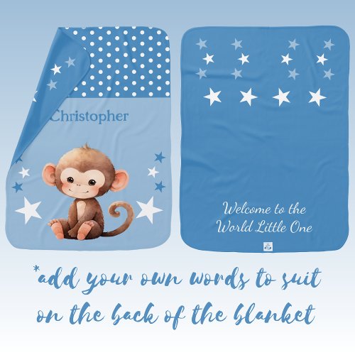 Cute monkey add name polka dots stars blue baby blanket