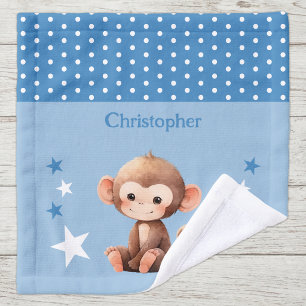 Cute monkey add name polka dots stars blue wash cloth