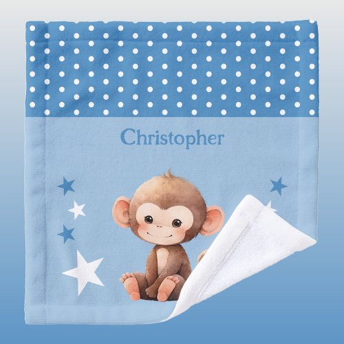 Cute monkey add name polka dots stars blue wash cloth