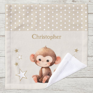 Cute monkey add name polka dots stars brown wash cloth