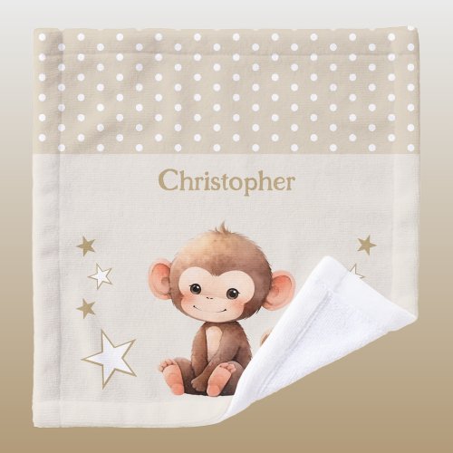 Cute monkey add name polka dots stars brown wash cloth