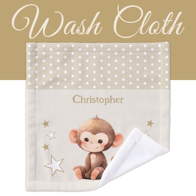Cute monkey add name polka dots stars brown wash cloth (Creator Uploaded)