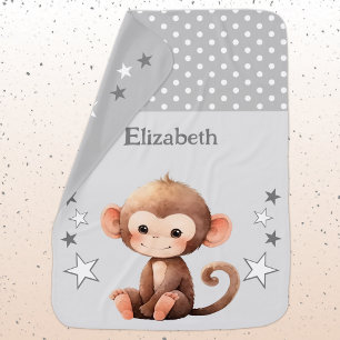 Cute monkey add name polka dots stars grey baby blanket