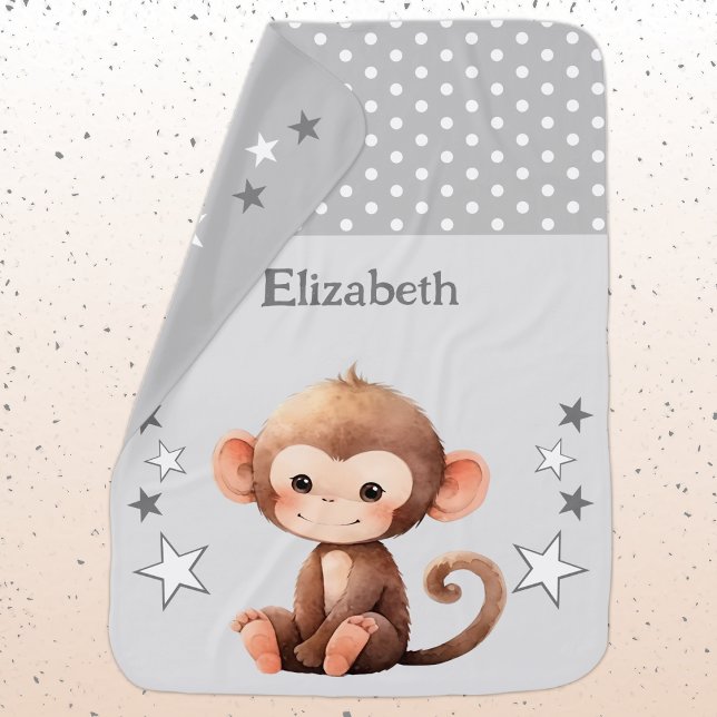 Cute monkey add name polka dots stars grey baby blanket (Creator Uploaded)