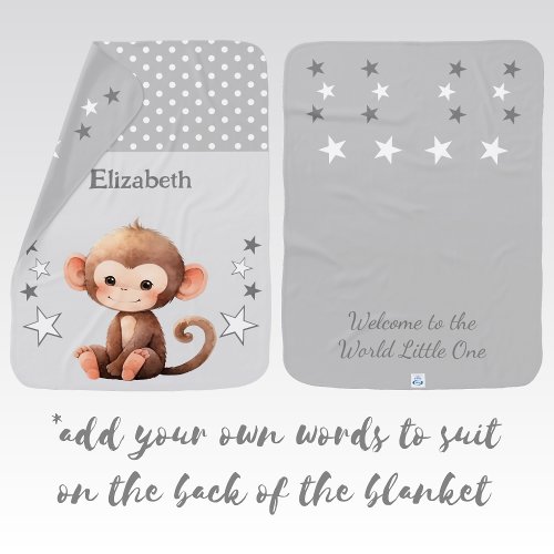 Cute monkey add name polka dots stars grey baby blanket