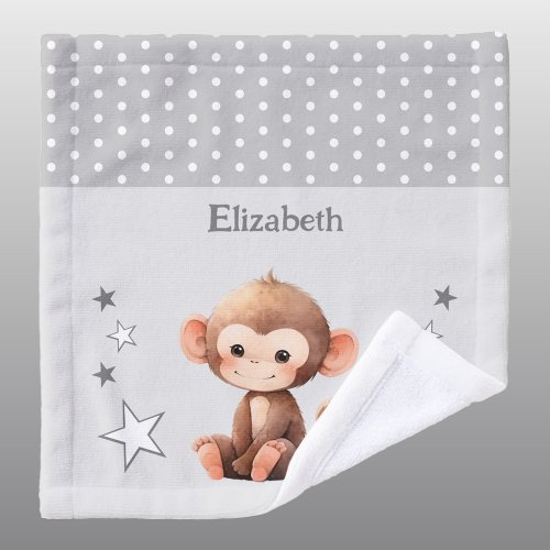 Cute monkey add name polka dots stars grey wash cloth