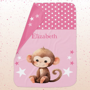 Cute monkey add name polka dots stars pink baby blanket