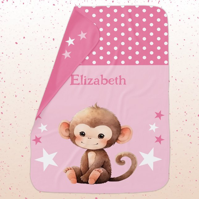 Cute monkey add name polka dots stars pink baby blanket (Creator Uploaded)