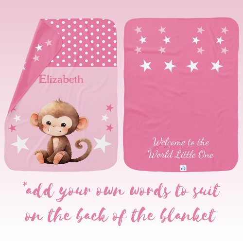 Cute monkey add name polka dots stars pink baby blanket