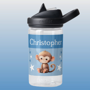 Cute monkey add name with stars kids blue water bottle