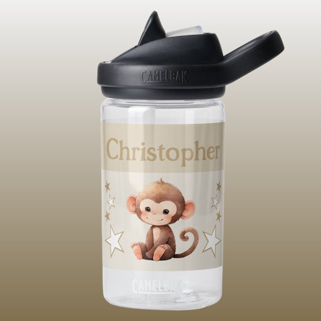 Cute monkey add name with stars kids brown water bottle (Creator Uploaded)