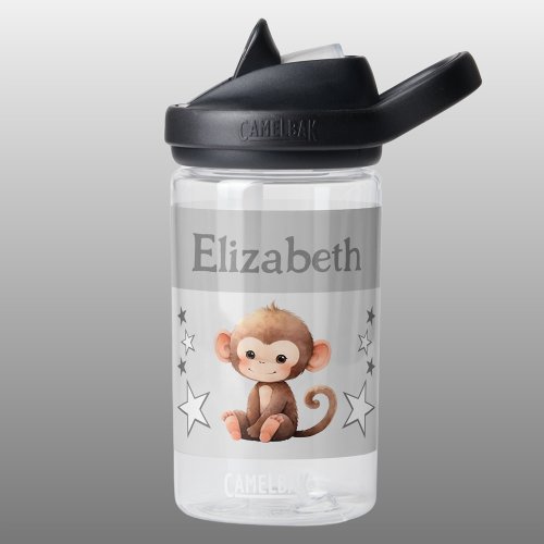 Cute monkey add name with stars kids grey water bottle