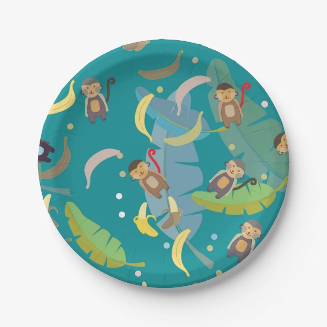 Cute Monkey and Bananas in Tree Pattern Birthday Paper Plates (Front)