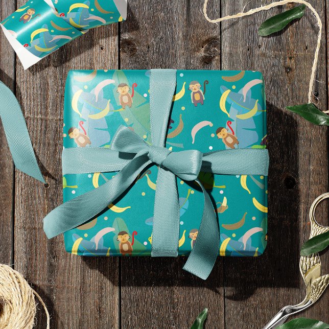 Cute Monkey and Bananas in Tree Pattern Birthday Wrapping Paper (Creator Uploaded)