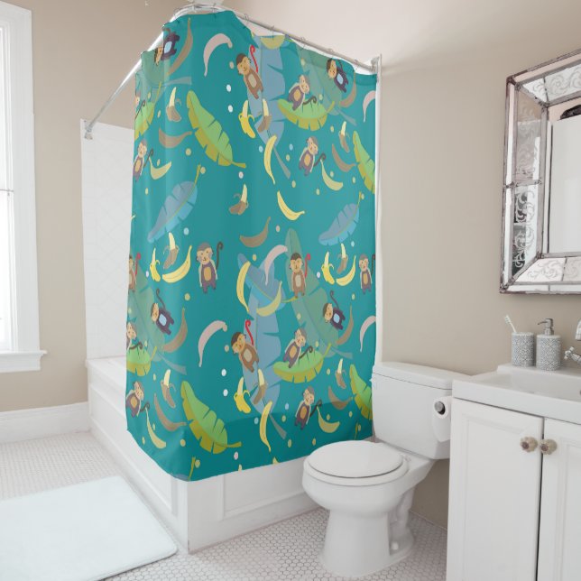 Cute Monkey and Bananas in Tree Pattern Shower Curtain (In Situ)