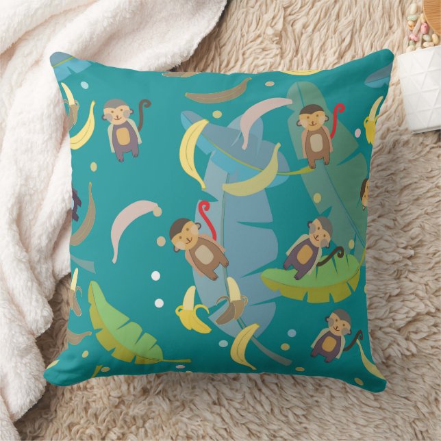 Cute Monkey and Bananas in Tree Pattern Throw Pillow (Blanket)