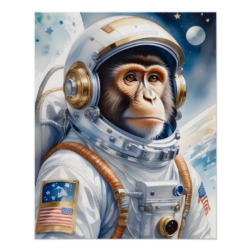 Cute Monkey Astronaut in Outer Space Portrait Poster