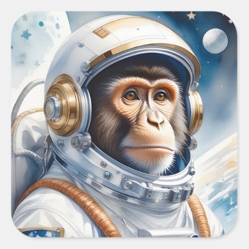 Cute Monkey Astronaut in Outer Space Portrait Square Sticker